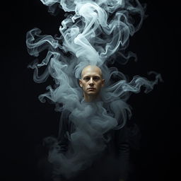 A captivating and surreal image of a humanoid figure being enveloped by swirling smoke, the smoke takes on organic shapes resembling a mouth as it seems to consume the figure