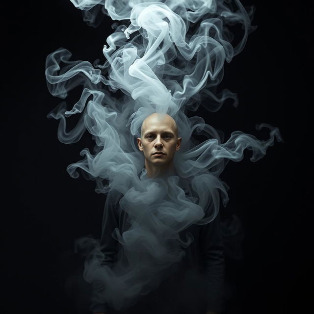 A captivating and surreal image of a humanoid figure being enveloped by swirling smoke, the smoke takes on organic shapes resembling a mouth as it seems to consume the figure