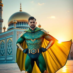 A superhero character representing Amir Ali from Mashhad city, dressed in an eye-catching superhero costume that blends modern design with elements of Persian culture
