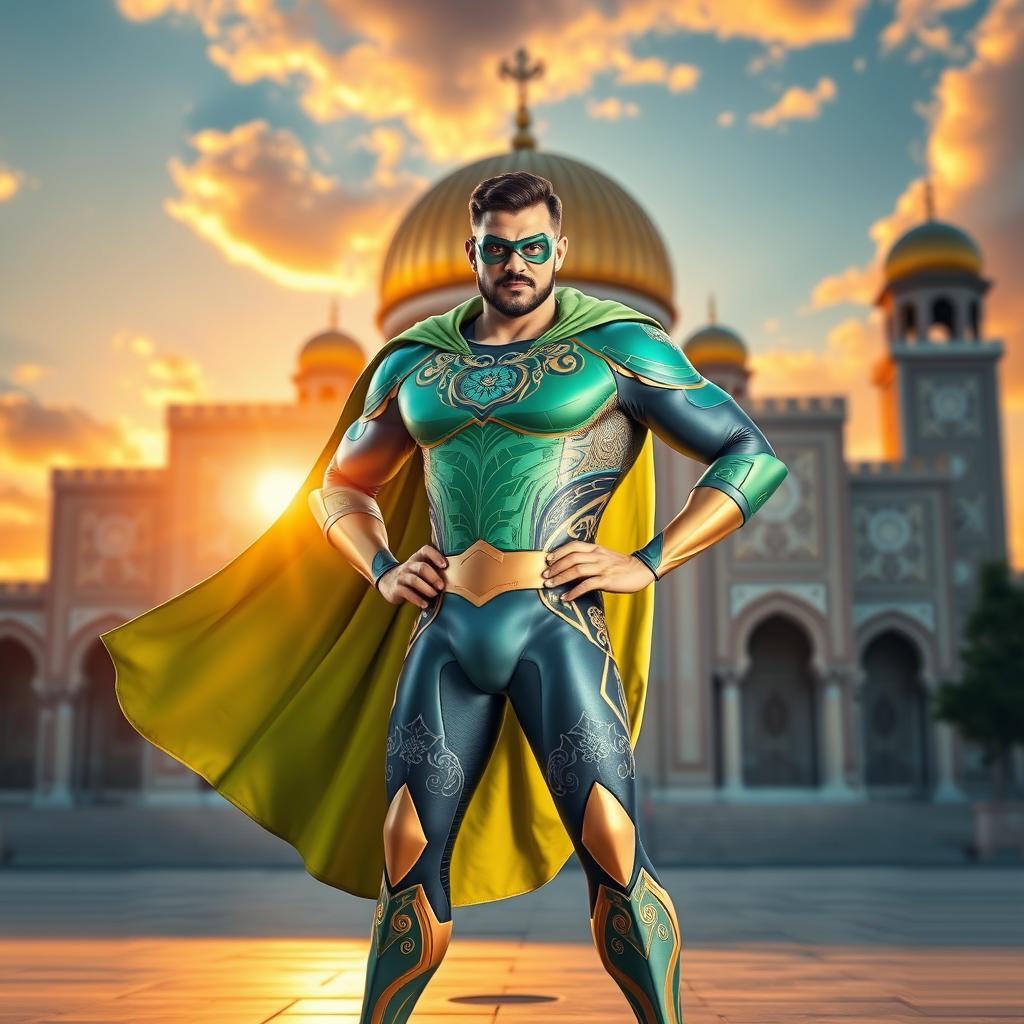 A superhero character representing Amir Ali from Mashhad city, dressed in an eye-catching superhero costume that blends modern design with elements of Persian culture