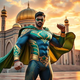 A superhero character representing Amir Ali from Mashhad city, dressed in an eye-catching superhero costume that blends modern design with elements of Persian culture