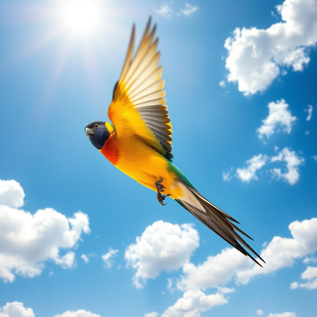 A vibrant and colorful bird soaring gracefully through a bright blue sky, with fluffy white clouds scattered throughout