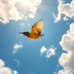 A vibrant and colorful bird soaring gracefully through a bright blue sky, with fluffy white clouds scattered throughout