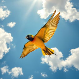 A vibrant and colorful bird soaring gracefully through a bright blue sky, with fluffy white clouds scattered throughout