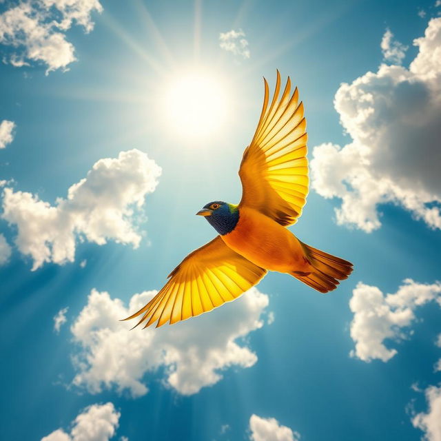 A vibrant and colorful bird soaring gracefully through a bright blue sky, with fluffy white clouds scattered throughout