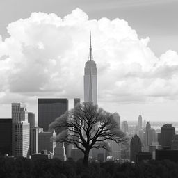 A simple yet elegant black and white photomontage featuring various urban landscapes, combined with natural elements