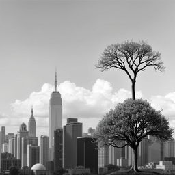 A simple yet elegant black and white photomontage featuring various urban landscapes, combined with natural elements