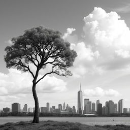 A simple yet elegant black and white photomontage featuring various urban landscapes, combined with natural elements