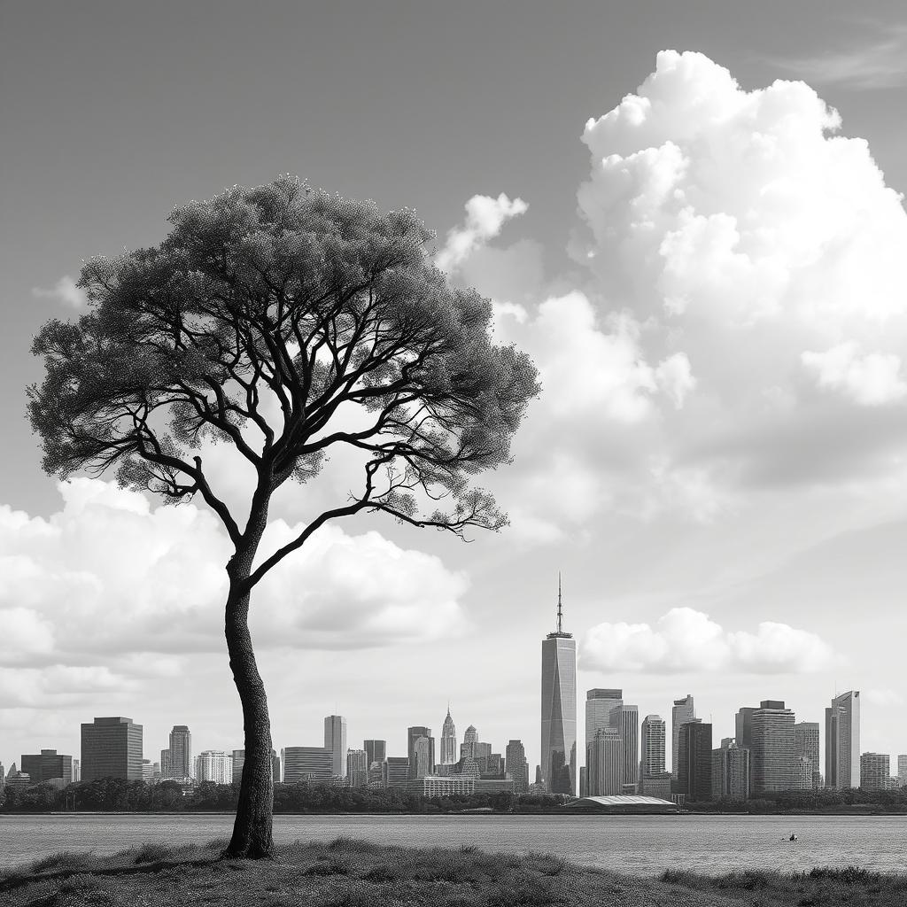 A simple yet elegant black and white photomontage featuring various urban landscapes, combined with natural elements