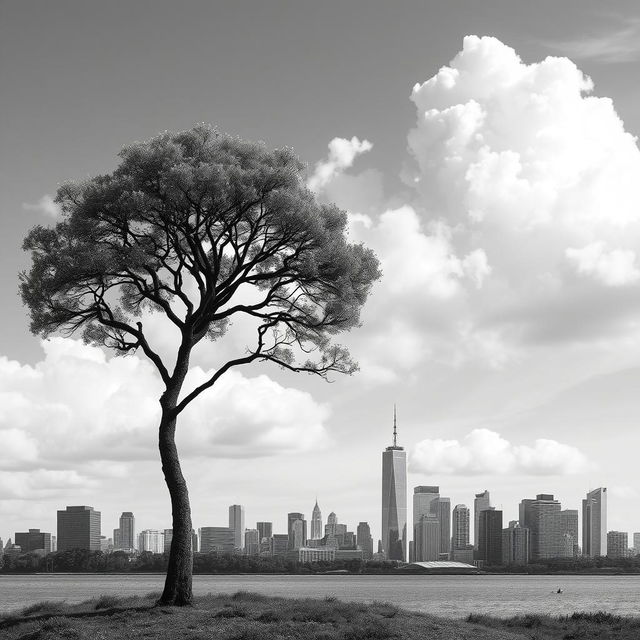 A simple yet elegant black and white photomontage featuring various urban landscapes, combined with natural elements