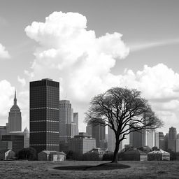 A simple yet elegant black and white photomontage featuring various urban landscapes, combined with natural elements