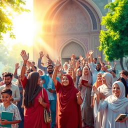 A serene and uplifting scene depicting a large group of people joyfully entering the faith of Islam in a vibrant setting