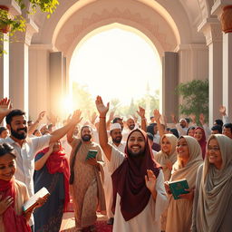 A serene and uplifting scene depicting a large group of people joyfully entering the faith of Islam in a vibrant setting