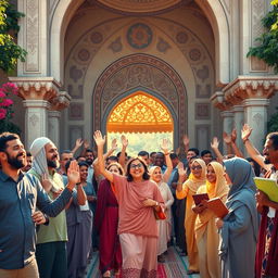 A serene and uplifting scene depicting a large group of people joyfully entering the faith of Islam in a vibrant setting
