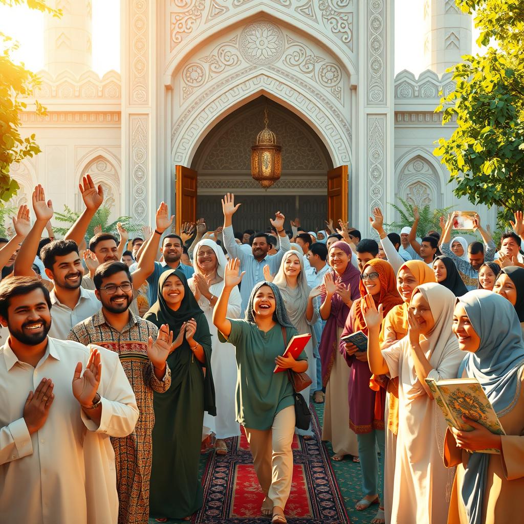 A serene and uplifting scene depicting a large group of people joyfully entering the faith of Islam in a vibrant setting