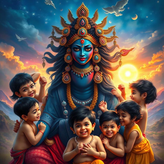 A visually striking artistic representation of Mahakali, the fierce goddess in Hindu mythology, depicted with a calm and nurturing expression