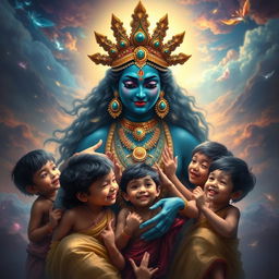 A visually striking artistic representation of Mahakali, the fierce goddess in Hindu mythology, depicted with a calm and nurturing expression