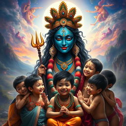 A visually striking artistic representation of Mahakali, the fierce goddess in Hindu mythology, depicted with a calm and nurturing expression