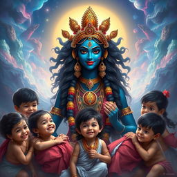 A visually striking artistic representation of Mahakali, the fierce goddess in Hindu mythology, depicted with a calm and nurturing expression