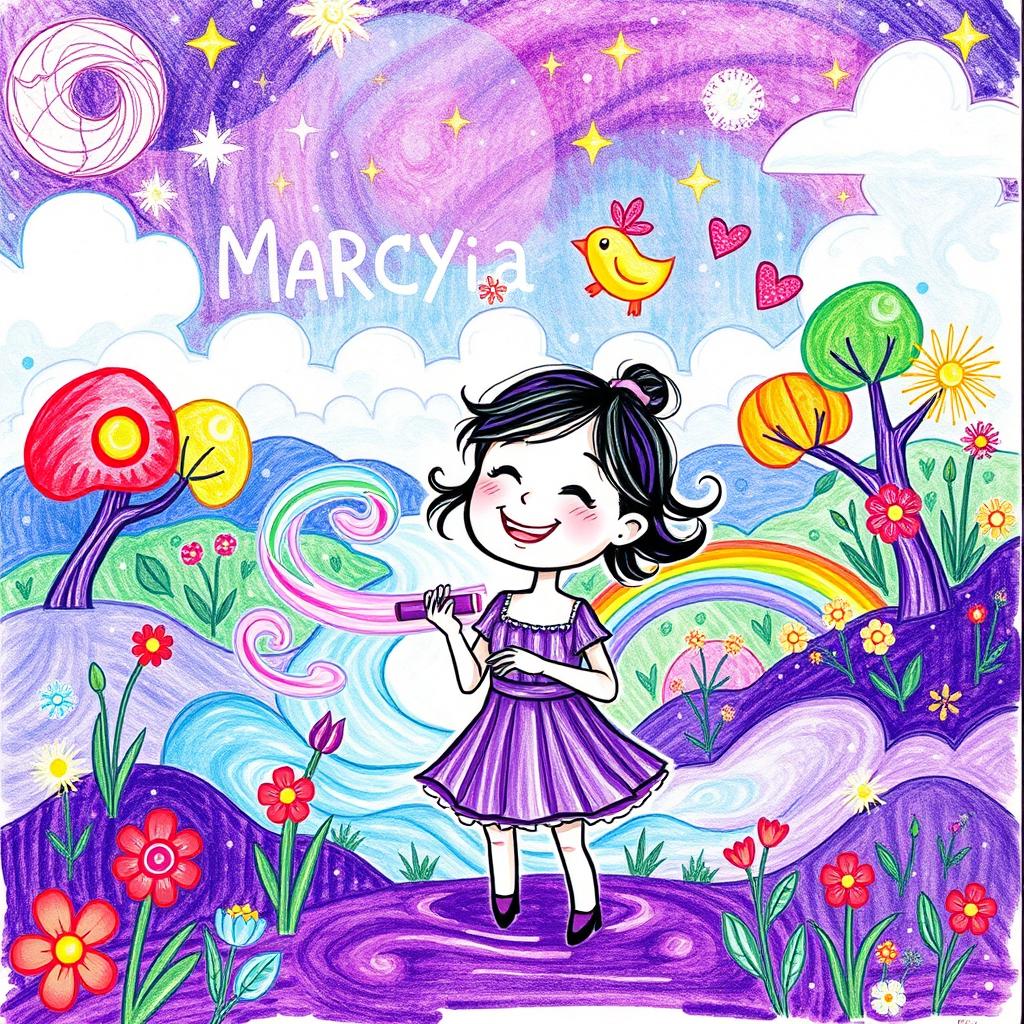 A whimsical illustration created with a magical purple pen, showcasing an enchanting fantasy scene
