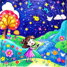 A whimsical illustration created with a magical purple pen, showcasing an enchanting fantasy scene