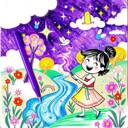A whimsical illustration created with a magical purple pen, showcasing an enchanting fantasy scene