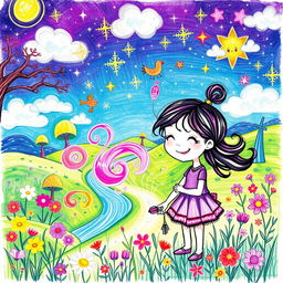 A whimsical illustration created with a magical purple pen, showcasing an enchanting fantasy scene