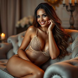 A stunningly beautiful woman with a warm and inviting smile, dressed in elegant lingerie, lounging casually on a plush sofa