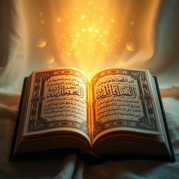 A beautifully illuminated Quran, radiating a warm and inviting light, surrounded by intricate Arabic calligraphy and delicate floral patterns