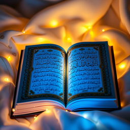 A beautifully illuminated Quran, radiating a warm and inviting light, surrounded by intricate Arabic calligraphy and delicate floral patterns