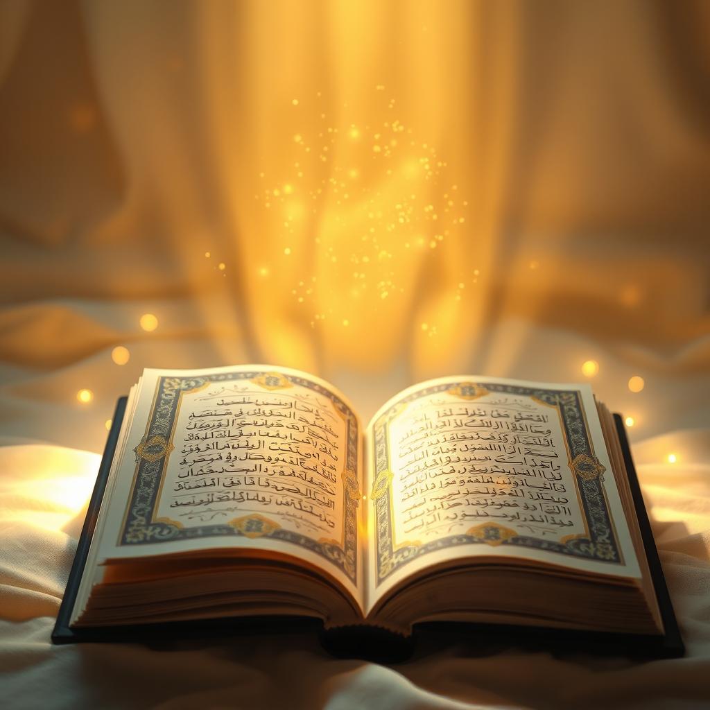 A beautifully illuminated Quran, radiating a warm and inviting light, surrounded by intricate Arabic calligraphy and delicate floral patterns