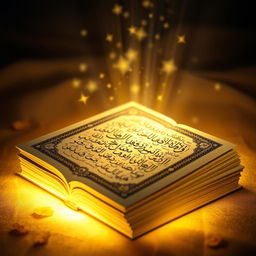 A beautifully illuminated Quran, radiating a warm and inviting light, surrounded by intricate Arabic calligraphy and delicate floral patterns