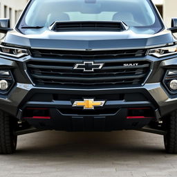 An aggressive styled front bumper design for a Chevrolet car, showcasing angular and sharp lines, a prominent grille, and aggressive air intakes