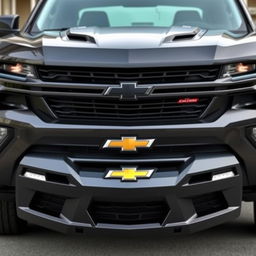 An aggressive styled front bumper design for a Chevrolet car, showcasing angular and sharp lines, a prominent grille, and aggressive air intakes