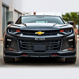 An aggressive styled front bumper design for a Chevrolet car, showcasing angular and sharp lines, a prominent grille, and aggressive air intakes
