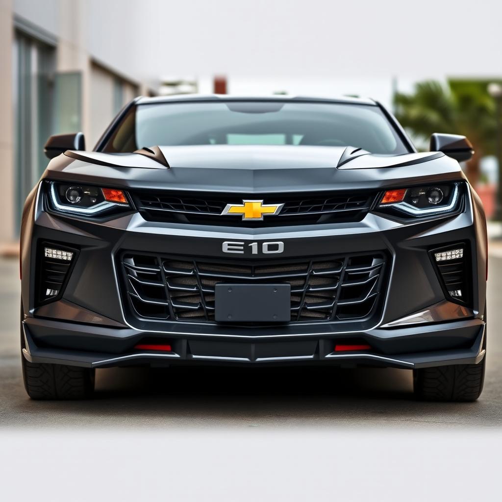 An aggressive styled front bumper design for a Chevrolet car, showcasing angular and sharp lines, a prominent grille, and aggressive air intakes