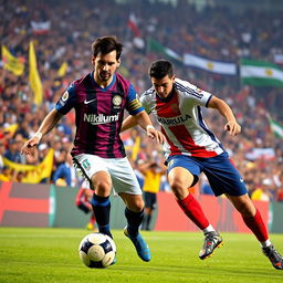 A vibrant football scene featuring Lionel Messi wearing an Inter Miami jersey, intensely dribbling the ball against Edison Flores, who is in a Universitario de Deportes jersey