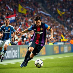A vibrant football scene featuring Lionel Messi wearing an Inter Miami jersey, intensely dribbling the ball against Edison Flores, who is in a Universitario de Deportes jersey