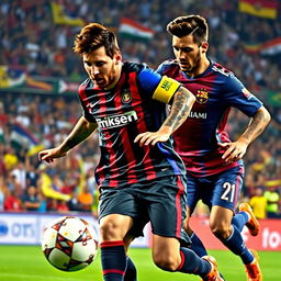 A vibrant football scene featuring Lionel Messi wearing an Inter Miami jersey, intensely dribbling the ball against Edison Flores, who is in a Universitario de Deportes jersey