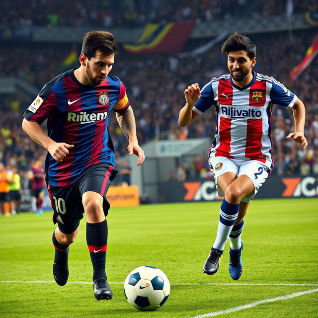 A vibrant football scene featuring Lionel Messi wearing an Inter Miami jersey, intensely dribbling the ball against Edison Flores, who is in a Universitario de Deportes jersey