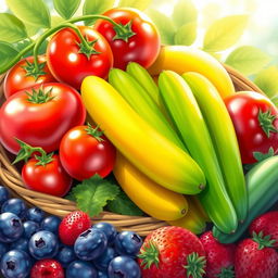 A vibrant and colorful digital illustration of fresh fruits and vegetables, including bright red tomatoes, green cucumbers, yellow bananas, and a variety of berries like blueberries and strawberries, arranged in a beautiful basket, with green leaves in the background, emphasizing freshness and vitality