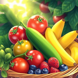 A vibrant and colorful digital illustration of fresh fruits and vegetables, including bright red tomatoes, green cucumbers, yellow bananas, and a variety of berries like blueberries and strawberries, arranged in a beautiful basket, with green leaves in the background, emphasizing freshness and vitality