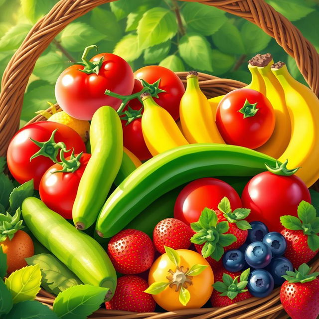 A vibrant and colorful digital illustration of fresh fruits and vegetables, including bright red tomatoes, green cucumbers, yellow bananas, and a variety of berries like blueberries and strawberries, arranged in a beautiful basket, with green leaves in the background, emphasizing freshness and vitality