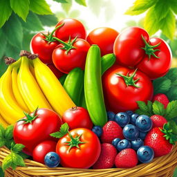 A vibrant and colorful digital illustration of fresh fruits and vegetables, including bright red tomatoes, green cucumbers, yellow bananas, and a variety of berries like blueberries and strawberries, arranged in a beautiful basket, with green leaves in the background, emphasizing freshness and vitality