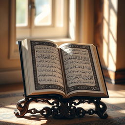 A beautifully illustrated open Quran with intricate Arabic calligraphy