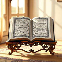 A beautifully illustrated open Quran with intricate Arabic calligraphy