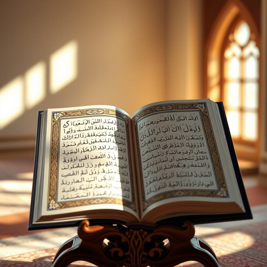 A beautifully illustrated open Quran with intricate Arabic calligraphy