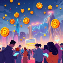 An illustration depicting the rise of cryptocurrencies, featuring a futuristic city skyline with digital currency symbols floating in the air, such as Bitcoin, Ethereum, and Litecoin