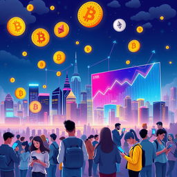 An illustration depicting the rise of cryptocurrencies, featuring a futuristic city skyline with digital currency symbols floating in the air, such as Bitcoin, Ethereum, and Litecoin