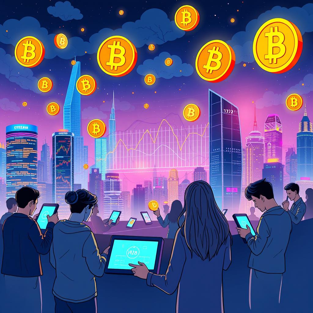 An illustration depicting the rise of cryptocurrencies, featuring a futuristic city skyline with digital currency symbols floating in the air, such as Bitcoin, Ethereum, and Litecoin